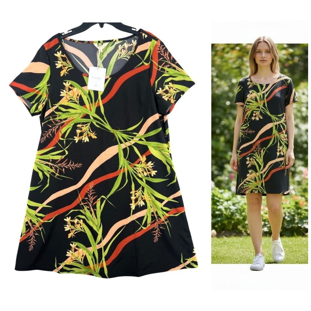Dina Weis Tropical Floral Summer Shift Dress Size L Black Vacation‎ Cruise NWT